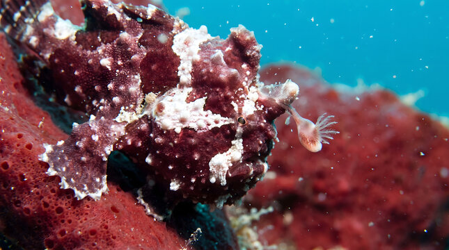Warty frogfish camouflaged against red sponge coral reef