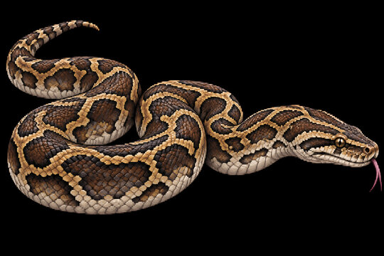 AI-generated pixel art illustration of a large patterned python coiled on a black background.