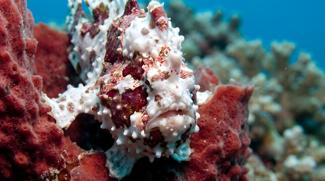 Textured white and red frogfish resting on ocean reef bed