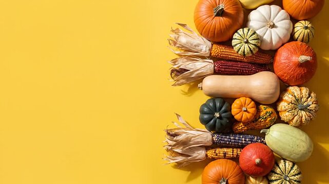 Autumn harvest arrangement with pumpkins and corn on yellow background