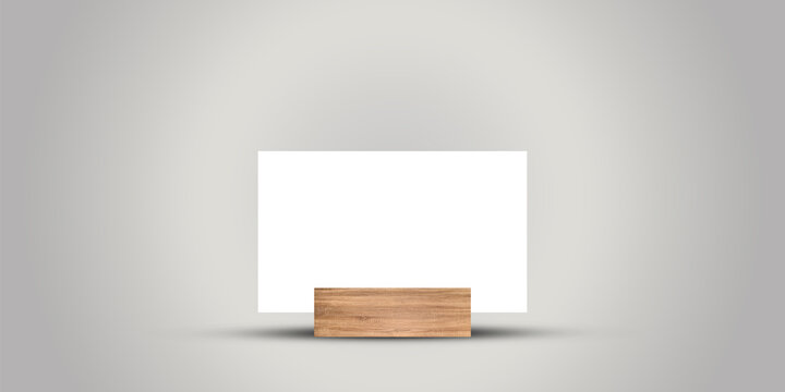 Minimalist Vertical and Horizontal Card Mockup with Wooden Stand &ndash; Blank Display Frame for Menu, Table Sign, Poster, and Stationery Design &ndash; Vector Illustration