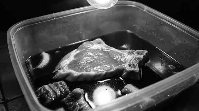 Black and white close up of raw meat soaking in a marinade inside a plastic container, food preparation