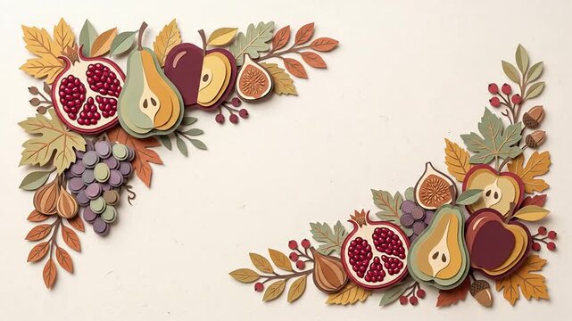 Autumn harvest paper art frame with fruit and leaves