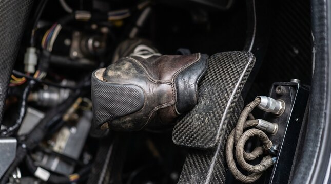 Close-up of a driver's foot in a worn driving shoe on a carbon fiber accelerator pedal inside a performance or race car, emphasizing precision and speed.
