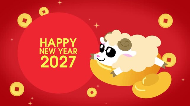 Chinese sheep on big golden sycee ingot cny animation. Happy Chinese New Year 2027 greetings animation.