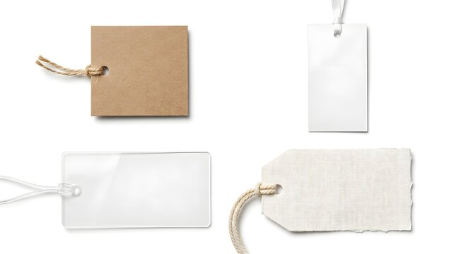Set of four assorted gift tags including kraft paper, white, clear plastic and textured paper with string for packaging and branding.