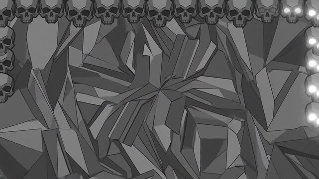 Dark geometric abstract background animation with glowing skulls border