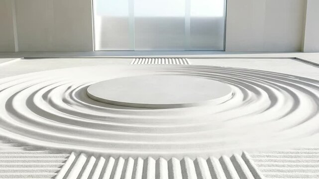 Minimalist white circular podium surrounded by concentric raked sand ripples