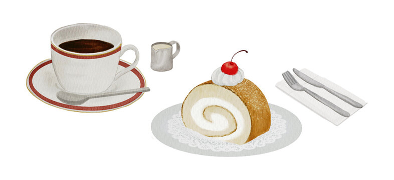 Coffee Cup with Saucer and Swiss Roll Cake with Cherry Topping300dpi