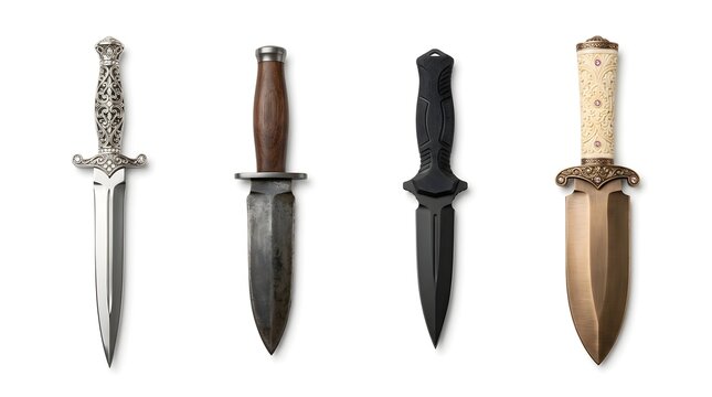 Group of four ornate and utilitarian daggers, including fantasy, historical, and modern combat knives.