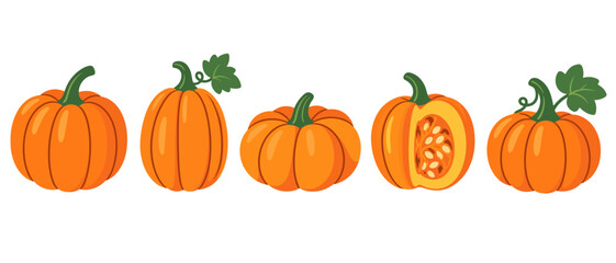 Fototapeta premium Set of orange pumpkins with one cut open to show seeds