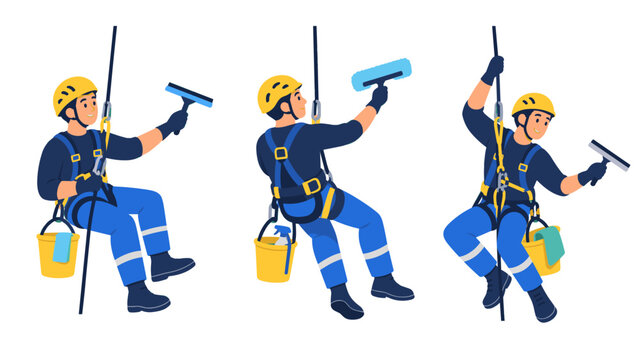 Window cleaners working at height with squeegees and ropes