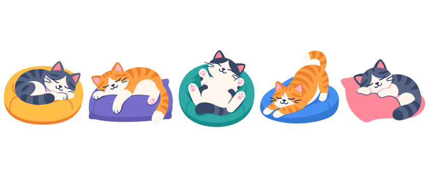 Cartoon cats sleeping and stretching on colorful cushions