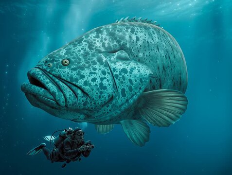 Giant grouper fish swimming with scuba diver underwater photography