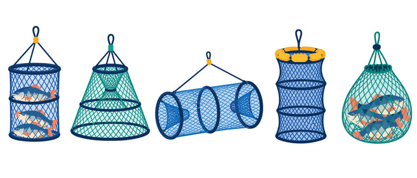 Set of fishing nets and fish traps with caught fish
