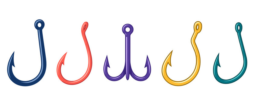 Colorful fishing hooks with barbed tips and eyelets