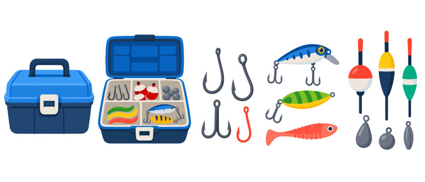 Fishing tackle box with lures hooks and bobbers
