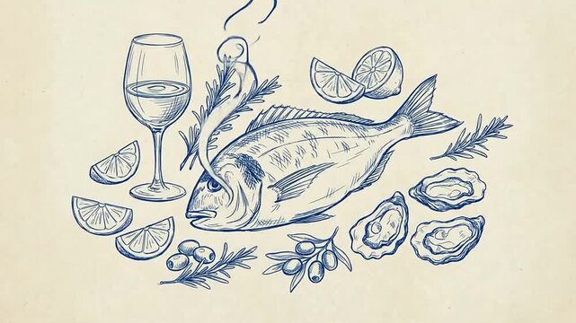 Blue ink sketch animation of fresh fish with wine lemon and seafood
