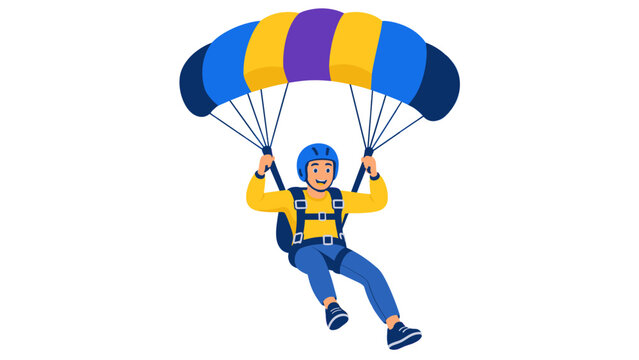 Smiling parachutist descending beneath a colorful canopy