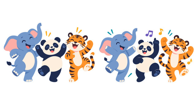 Cute elephant panda and tiger characters dancing to music