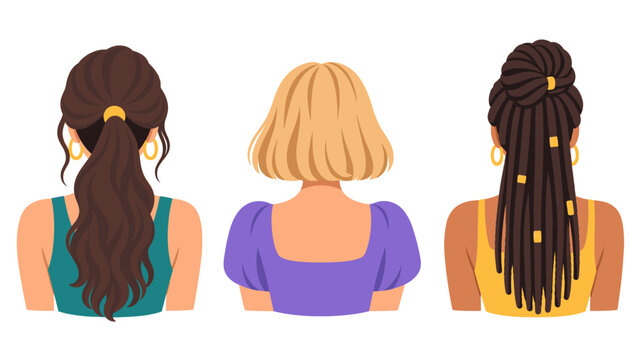 Three women viewed from behind with different hairstyles