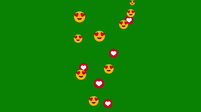 Social media live stream floating heart eyes emoji and love icons rising animation on chroma key green screen background 4K
