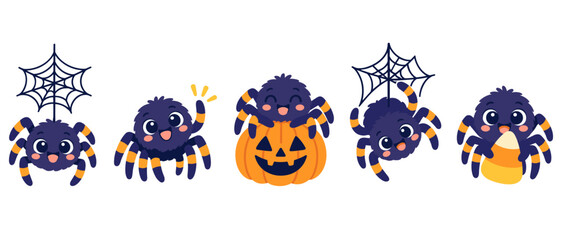 Fototapeta premium Cute Halloween spiders with a pumpkin and spider webs