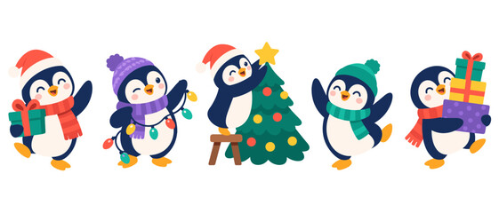 Cute penguins celebrating Christmas with gifts and a decorated tree © Andrei