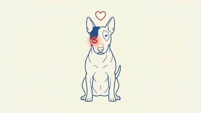 Cute animated bull terrier dog with a kiss mark and red heart floating