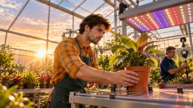 photorealistic male botanist moving potted plant to spectrum grid senior researcher blurred background low angle candid golden hour greenhouse copy space