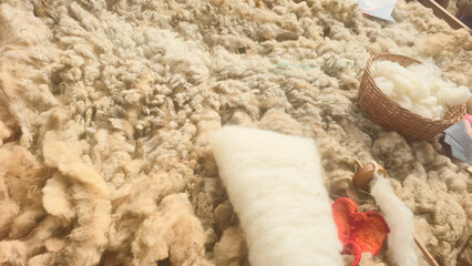 Natural sheep wool is prepared by hand for traditional spinning and textile crafts. Concepts: wool processing, traditional craft, fiber production, cultural heritage, handmade textiles. © Sana Baleia