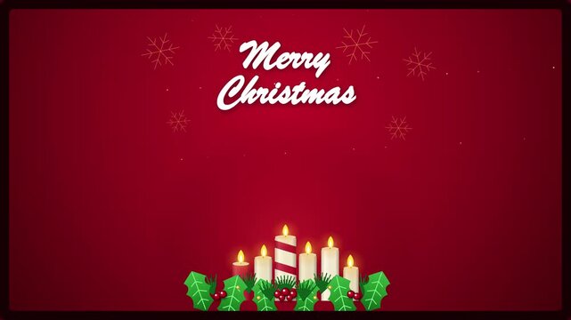 Merry Christmas Motion Graphic Animation with Candles and Snowflakes on Red Background; 4K Footage for Holiday Greetings and Commercial Projects.