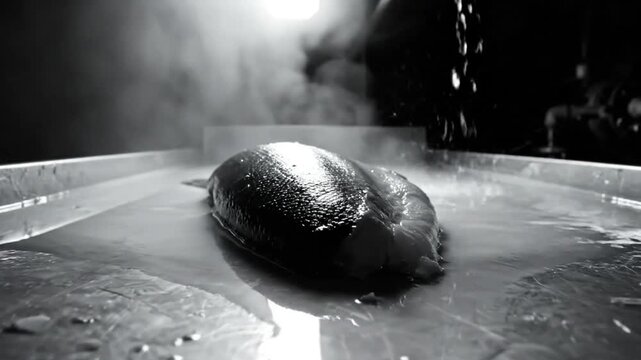 Black and white close up of water being poured on a fish in a dimly lit industrial setting