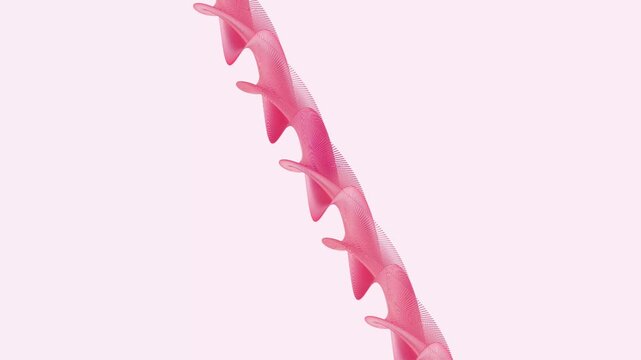 Geometric red wireframe helix structure with spiky crests cascades diagonally over a pale pink background in a 3D animation