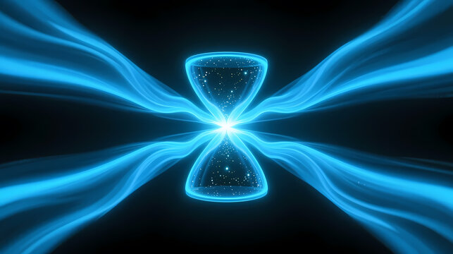 Blue glowing sandglass in black void