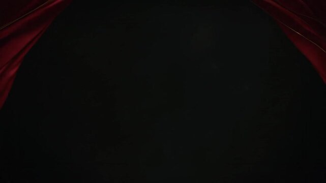 Red Velvet Curtains Opening on Dark Stage with Gold Threads