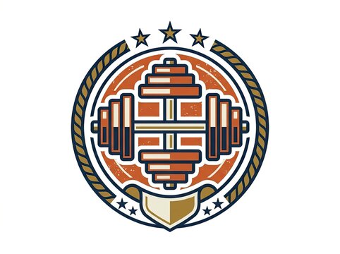 Circular emblem featuring a stylized barbell with stars and rope border