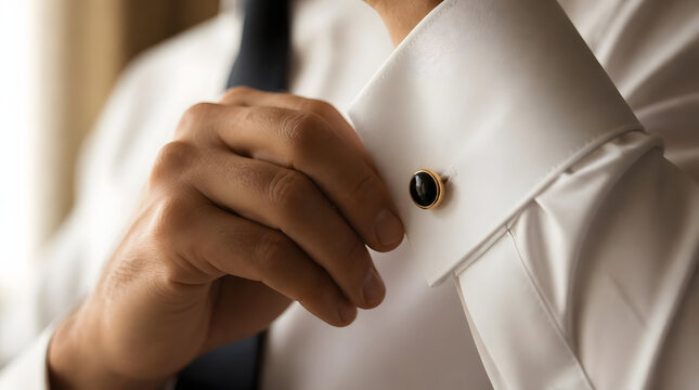 Man Fastening Gold Cufflink on White Dress Shirt for Formal Event