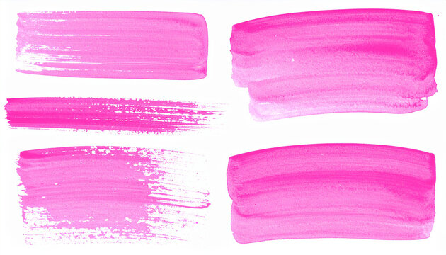 Set of expressive pink ink brush marks isolated on white. Thick strokes, thin gestural lines, dry-brush textures, natural ink splatters. For artistic banners, borders, branding.