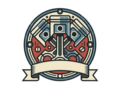 Circular emblem featuring engine pistons and mechanical gears with banner