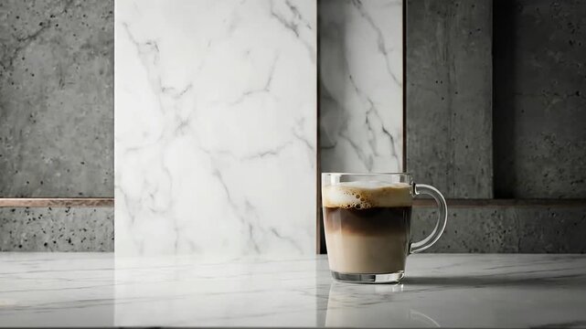 Glass mug of layered coffee on white marble counter with steam rising