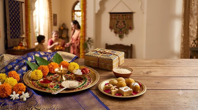 Traditional Bhai Dooj celebration with festive puja thali and sweets - ai generative