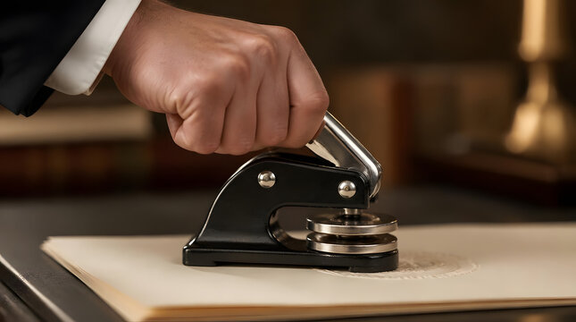 Lawyer Using Embosser Seal on Legal Document for Official Stamp