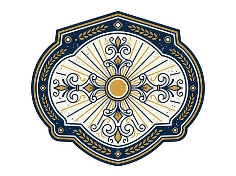 Ornate circular emblem with intricate scrollwork and laurel wreath border