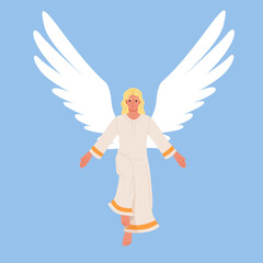 Fototapeta premium Blond angel in flowing robe with large white wings, floating against blue background in a calm heavenly scene for religion, Christmas, faith, spirituality vector illustration