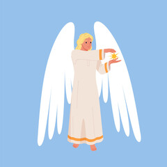 Fototapeta premium Blonde guardian angel with large white wings and flowing robe gently presenting a glowing star, spiritual heavenly character for Christmas, faith, religion themes vector illustration