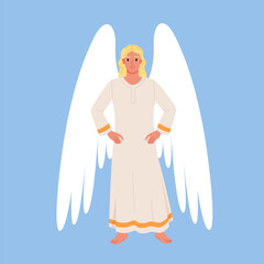 Fototapeta premium Blond guardian angel in white robe with large wings standing front view on blue background, spiritual heavenly figure for religion, faith, Christmas or memorial themes vector illustration