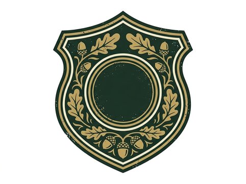 Ornate green and gold shield emblem with oak leaves and acorns