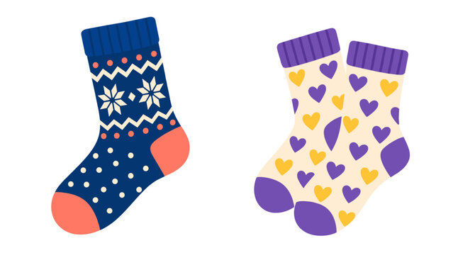 Colorful socks with snowflake and heart patterns