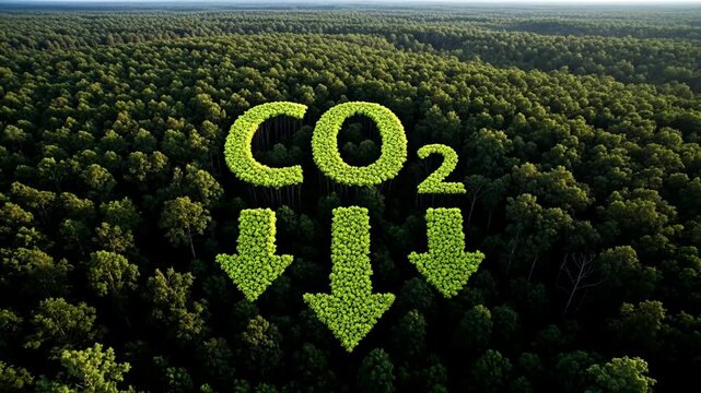 Aerial view of a dense forest forming the co2 symbol with downward arrows representing carbon reduction and climate action co2 emissions environmental